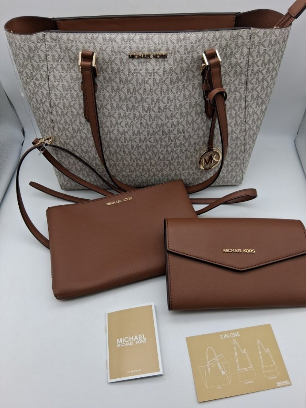 NWT Michael Kors Charlotte Large 3 in 1 Zip Tote Vanilla Travel w/2 Crossbody